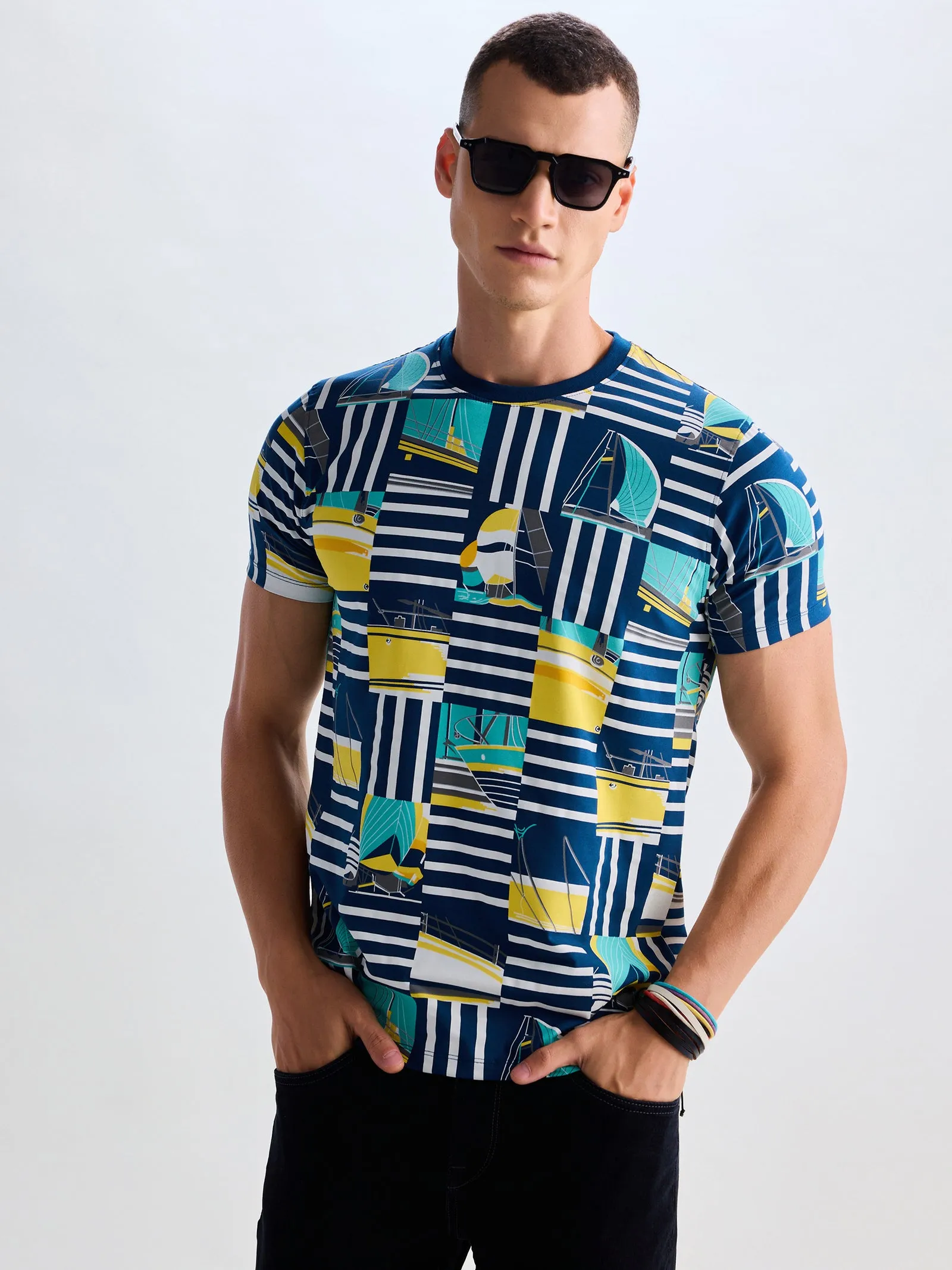 Blue Stretch Printed T-Shirt