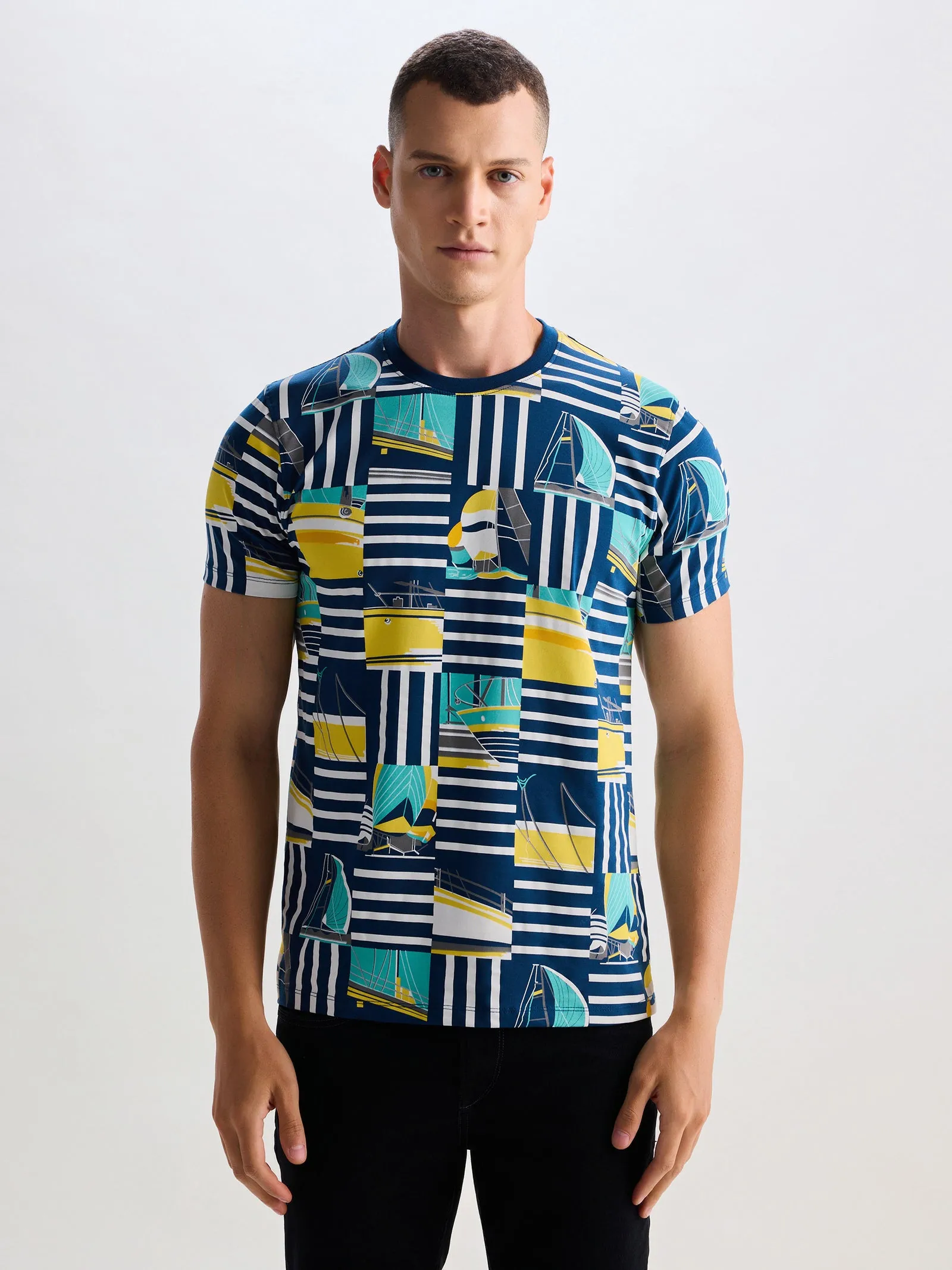 Blue Stretch Printed T-Shirt