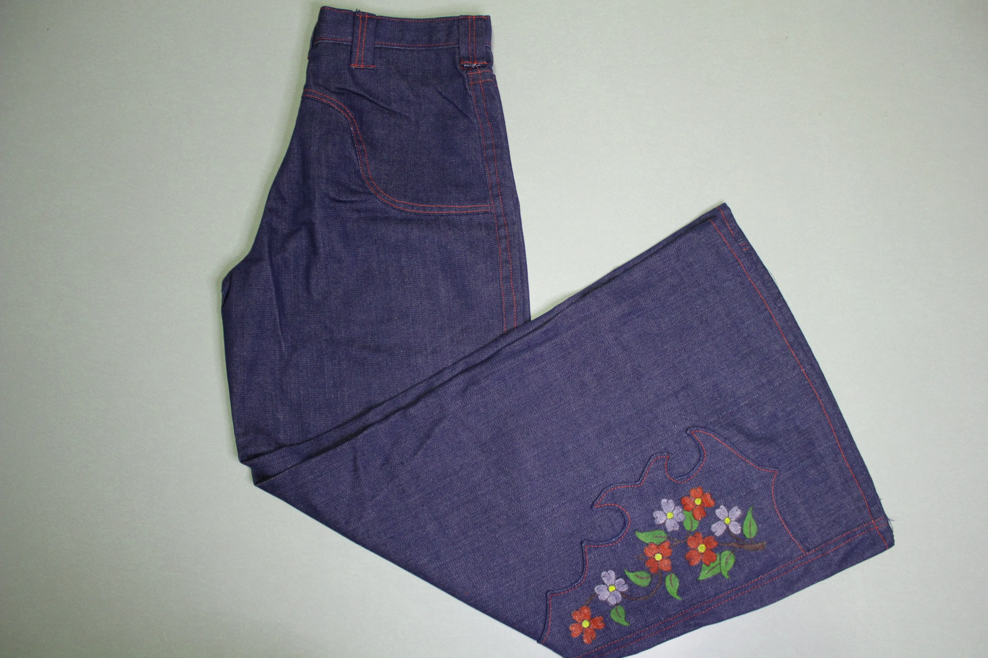 Flower Power Stenciled Home Made Vintage 1970's Denim Bell Bottom Jeans