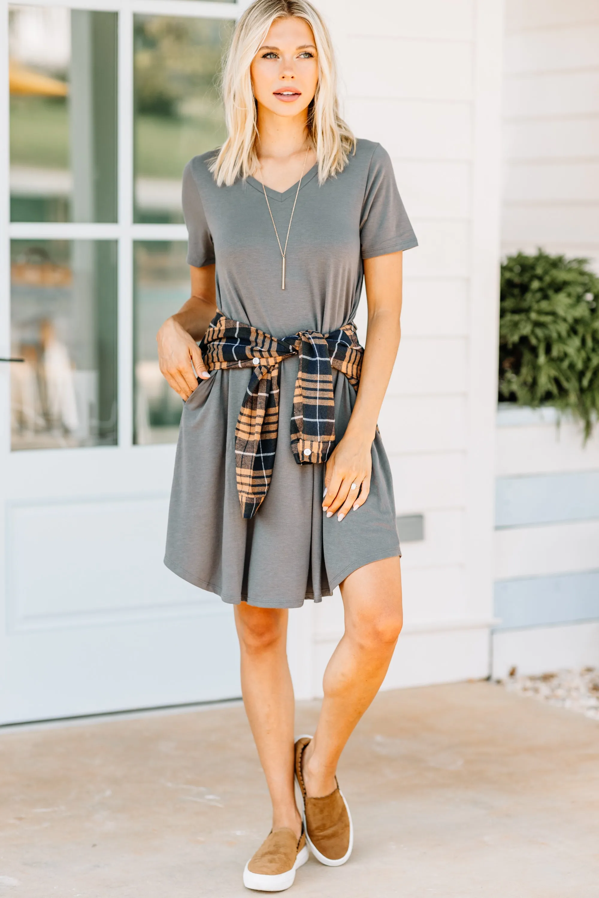 Lean On Me Mid Gray T-shirt Dress