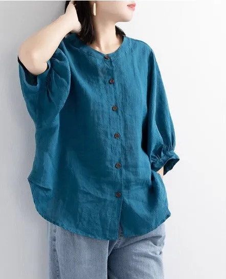 O-Neck Long Sleeve Shirt Dames - Blue