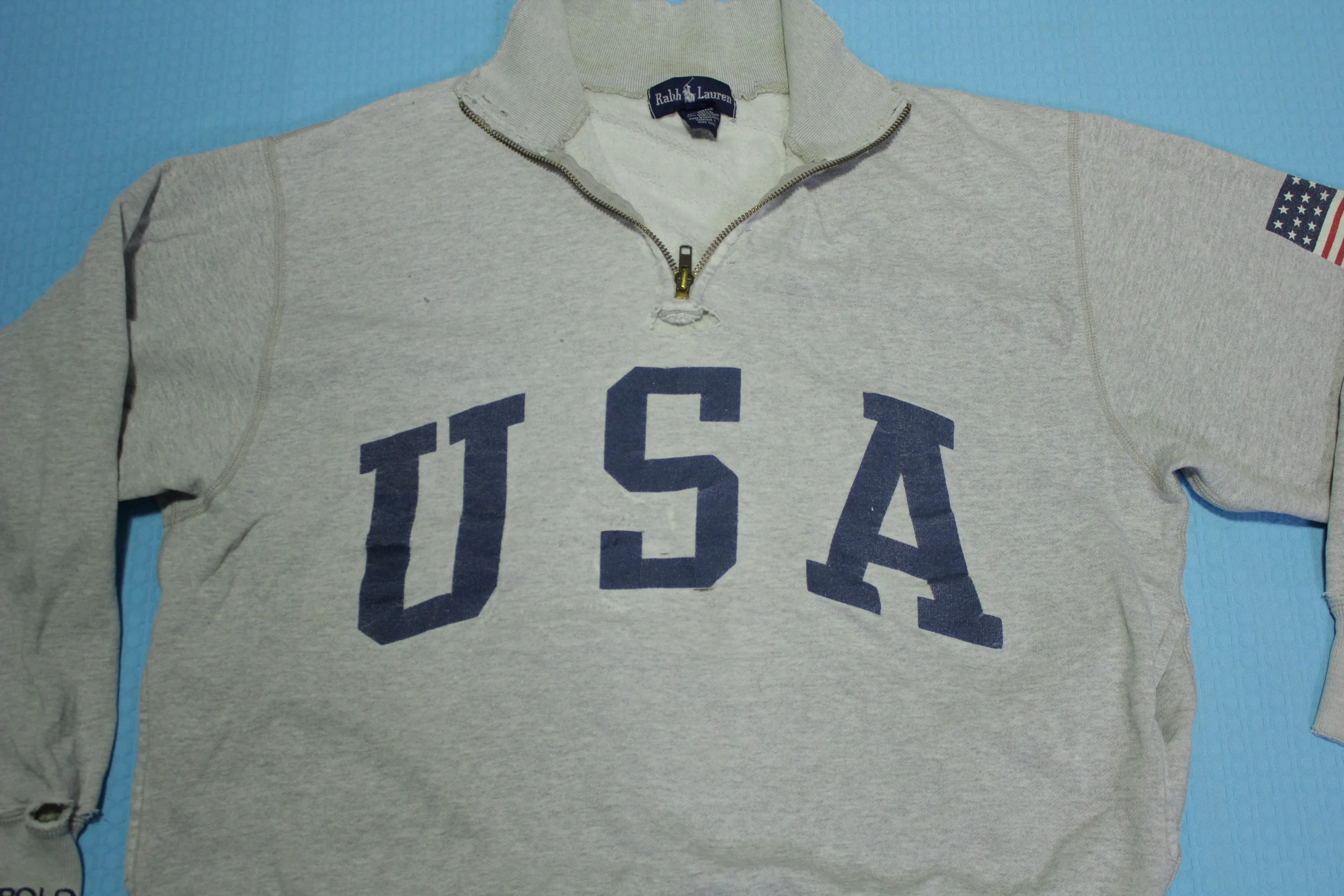 Ralph Lauren Distressed USA Flag Quarter Zip Henley Pullover Vintage 90's Sweatshirt