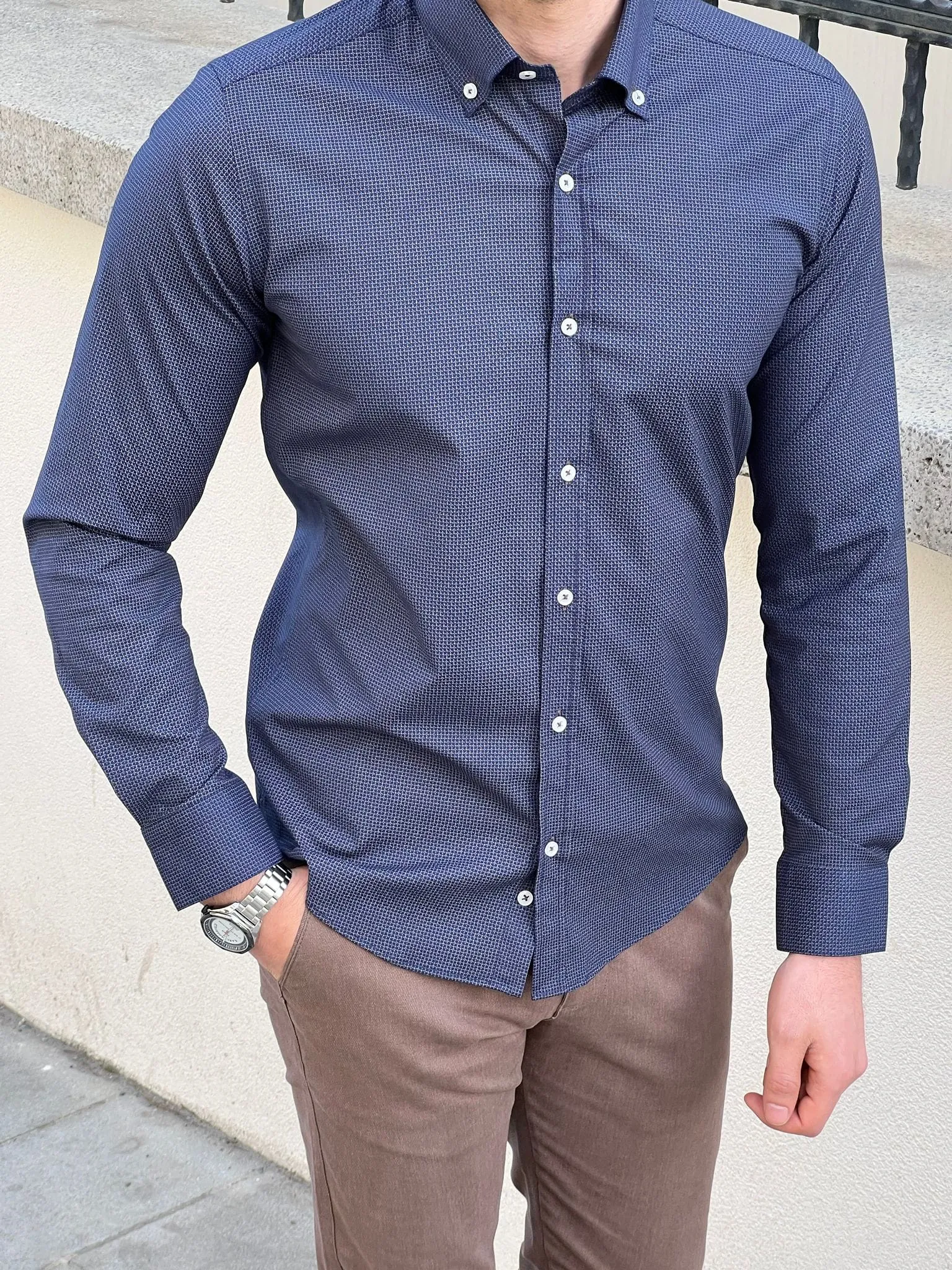 Slim Fit Patterned Cotton Navy blue Shirt