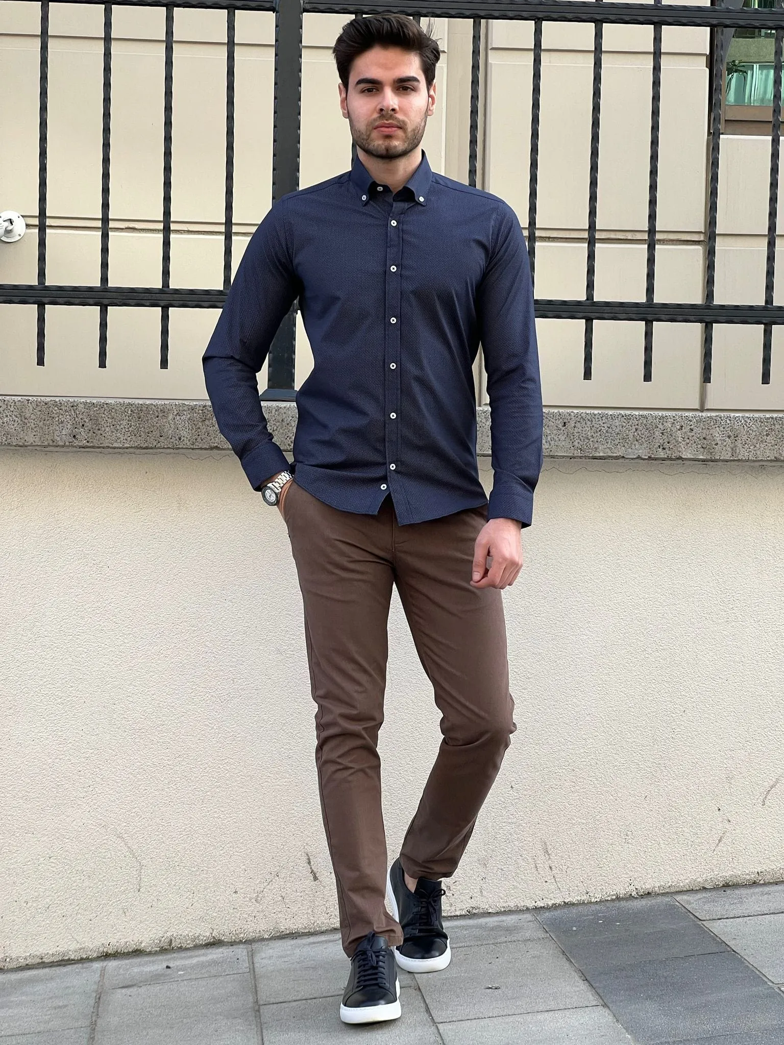 Slim Fit Patterned Cotton Navy blue Shirt