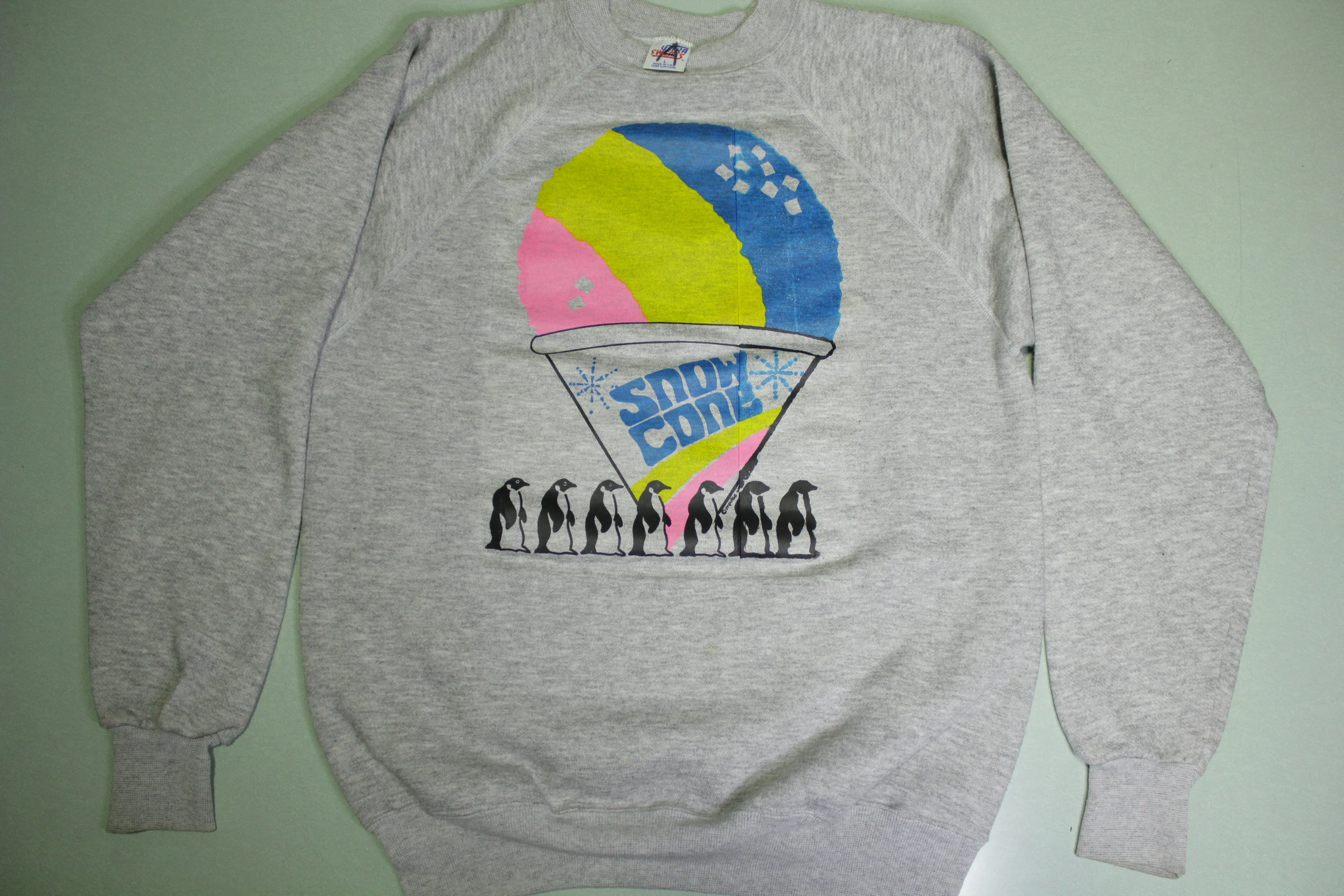 Snow Cone Penquin Vintage 80s Giant Print Ultra Sweats USA Flavored Ice Snack Sweatshirt